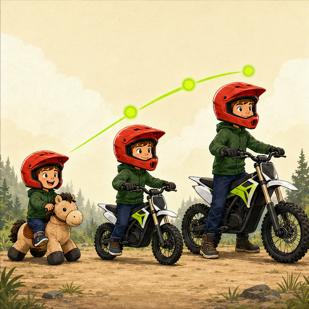 Playful illustration of a child growing through different riding stages