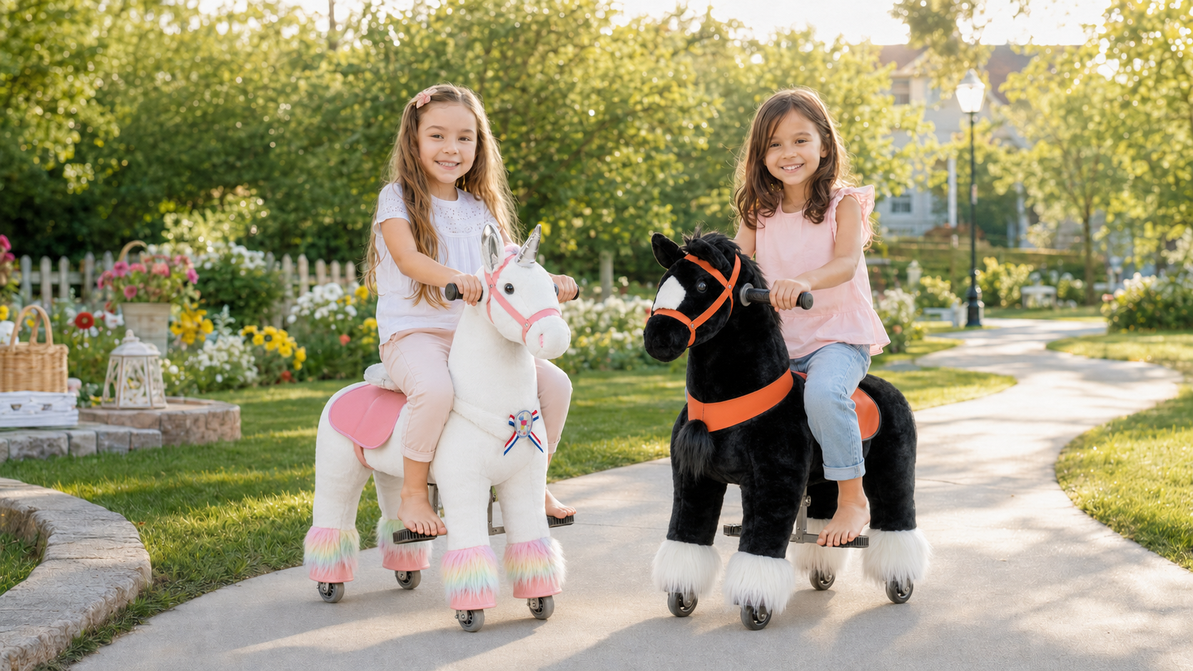 Two children riding a white unicorn and black horse ZEROOXRIDE Ride On Toys in a sunny garden