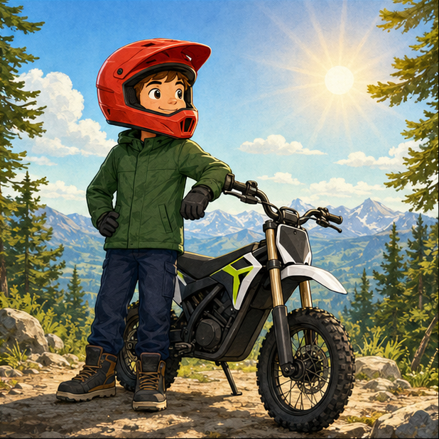 Playful illustration of a confident young outdoor rider